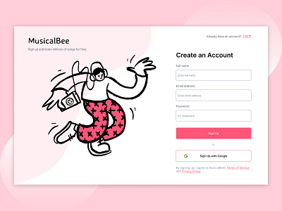 Music Application - Sign Up Desktop app create account dance design illustration log in log out logos music music app music art music player musician pablo stanley sign in sign up form sign up page signup ui ux