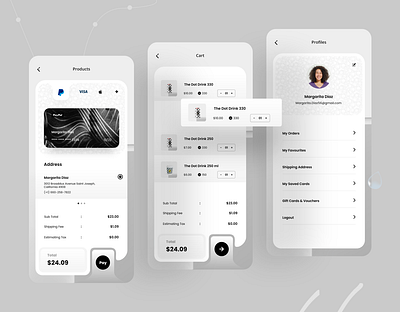 Ecommerce App UI Design app design app designer checkout page clean drink app ecommerce interface minimal mobile app online shop payment product profile trend ui design ux