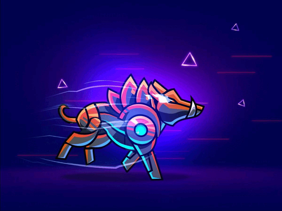 Synthwave Warboar ✨ 2d 2d animation animation boar cartoon cycle loop madewithspine motion neon runcycle spine spine 2d synthwave