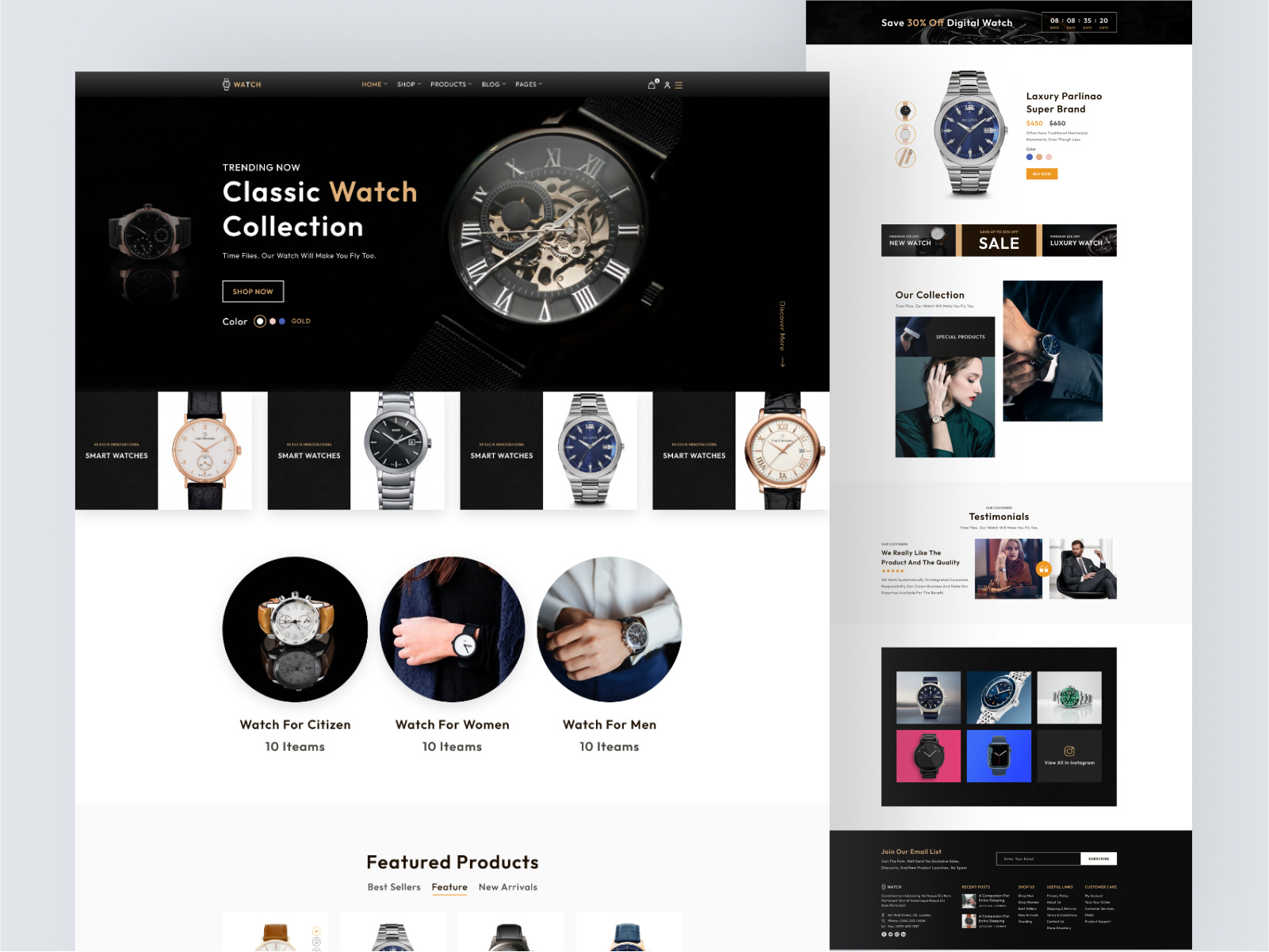 Smart Watch Gadget E-Commerce Website clock ecommerce website electronics device fashion gadget homepage landing page luxurious online shop product shopping smart watch smart watch website ui ui design watch watch shop watch store web design web ui