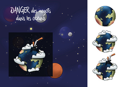 Illustration DANGER des mégots amande cendrier cigarette design earth day illustration mégot nuage photoshop terre étoile