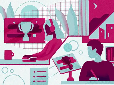 Remote Testing device figures gaming geometric halftone hand drawn illustration newspaper noise people play from home procreate recruitment remote testing risograph screens streaming technology texture textures