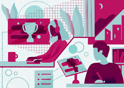 Remote Testing device figures gaming geometric halftone hand drawn illustration newspaper noise people play from home procreate recruitment remote testing risograph screens streaming technology texture textures
