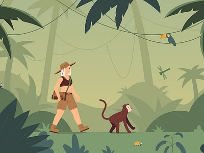 Walking through the jungle character exotic forest girl graphic design green greenery illustration jungle monkey palm people tropical vector