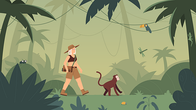 Walking through the jungle character exotic forest girl graphic design green greenery illustration jungle monkey palm people tropical vector