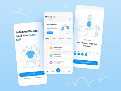 Habit Tracker App app blue branding design figma fun habit illustration pastel productive tracker ui ux vector
