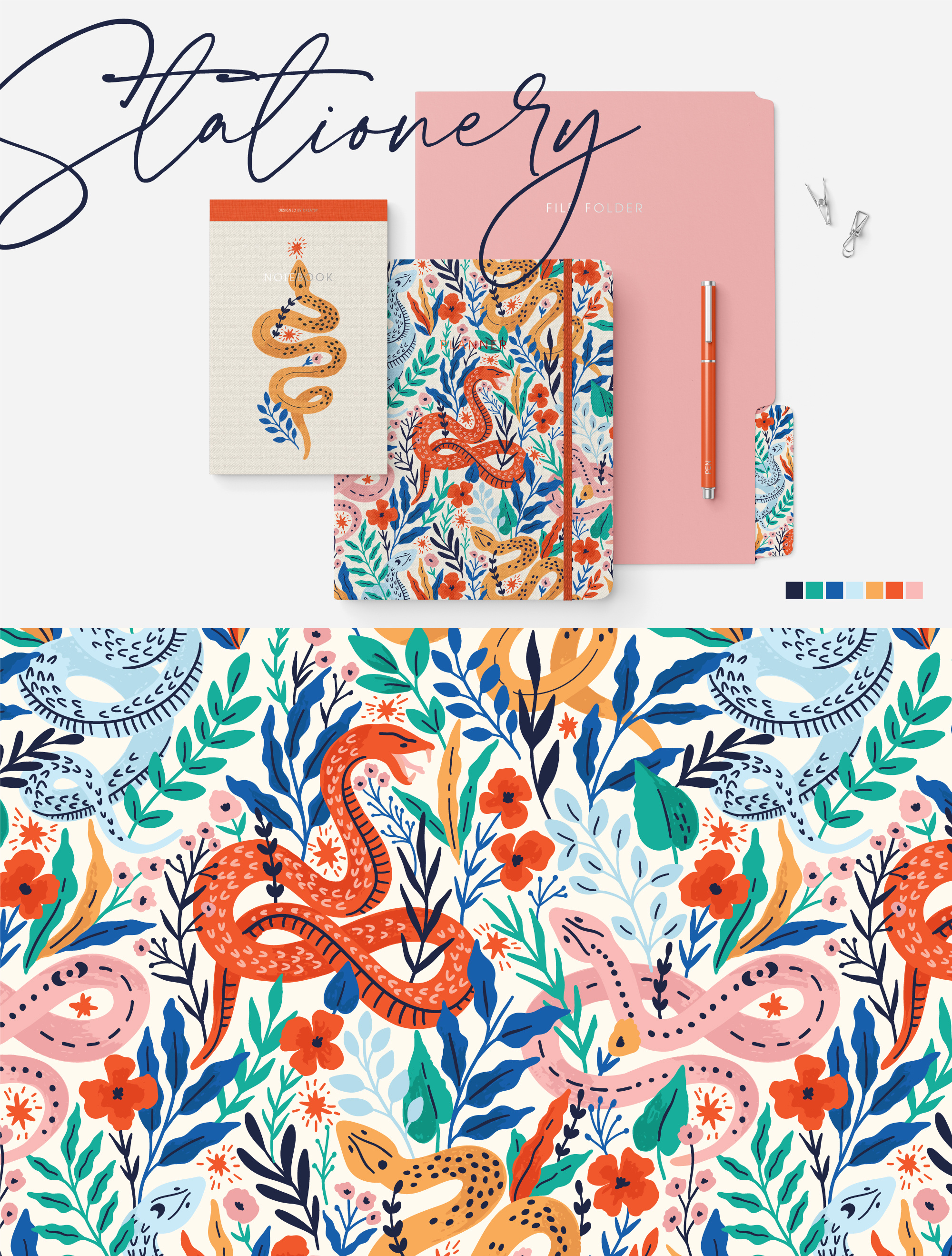 IN SEARCH OF THE FALLEN STARS animal commercial use design digital print floral flower for licensing for sale illustration pattern seamless snake snakes vector