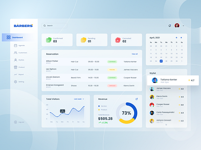 Barbers - Dashboard Design barber app barbershop clean clean ui dashboard dashboard app dashboard ui glassmorphism haircut saas saas design services statistics ui design uidesign uiuxdesign uiuxdesigner uixdesign webdesign website design