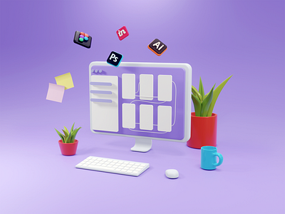 UX designer's workplace 3d 3d art 3d illustration adobe adobe illustrator adobe photoshop blender figma icon illustration invision render ui ui design ux design web web illustration webdesign
