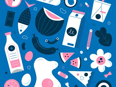 Groceries apple blue color colour design fish flowers food illustration illustrator milk pasta pattern pink pizza shopping