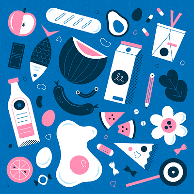 Groceries apple blue color colour design fish flowers food illustration illustrator milk pasta pattern pink pizza shopping