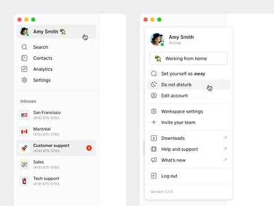 Side menu app calling chat app clean desktop menu messaging minimal phone saas app side menu sidebar simple ui ux web