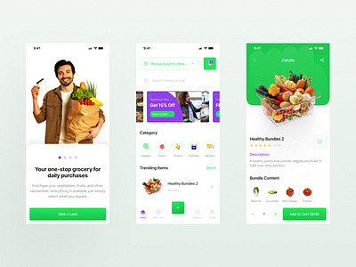 Grobro: Grocery App app bar concept design fruit green grocery home ios minimalist mobile navigation onboarding purple shop shot trending ui ux vegetable
