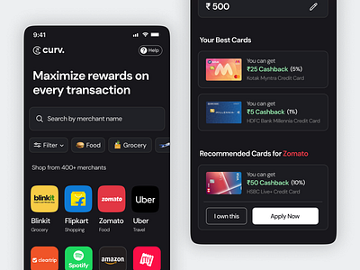 Mobile App: Maximize Your Credit Card Rewards app branding cashback credit card dark theme design ecommerce finance fintech graphic design mobile app reward app rewards ui uiux ux