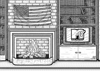 Fireplace american art books brick case drawings fancy fire fireplace flag flame illustration digital interior lineart lines old fashioned room room illustration television tv