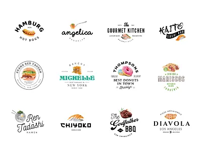 Food Industry Editable Logos donuts hamburger hotdog identity logo pancake pasta pizza ramen restaurant salmon shrimp steak sushi tacos