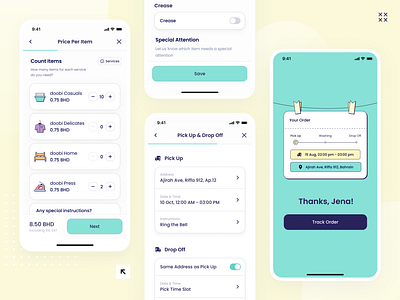 Order flow for laundry subscription service app delivery setup figma illustration ios app order flow product design subscription success screen ui