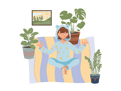 Beautiful cartoon illustration with home yoga. activity beautiful care cartoon flat girl healthy home houseplant indoors lifestyle lotus meditate meditation pose relaxation woman workout yoga yoga girl