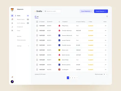 Foxdeli - Browser App app czech drafts foxdeli overview package shipments shipping app startup table table view trace tracking ux