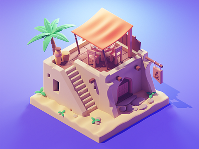 Oasis Teahouse 3d blender desert diorama house illustration isometric lowpoly oasis render