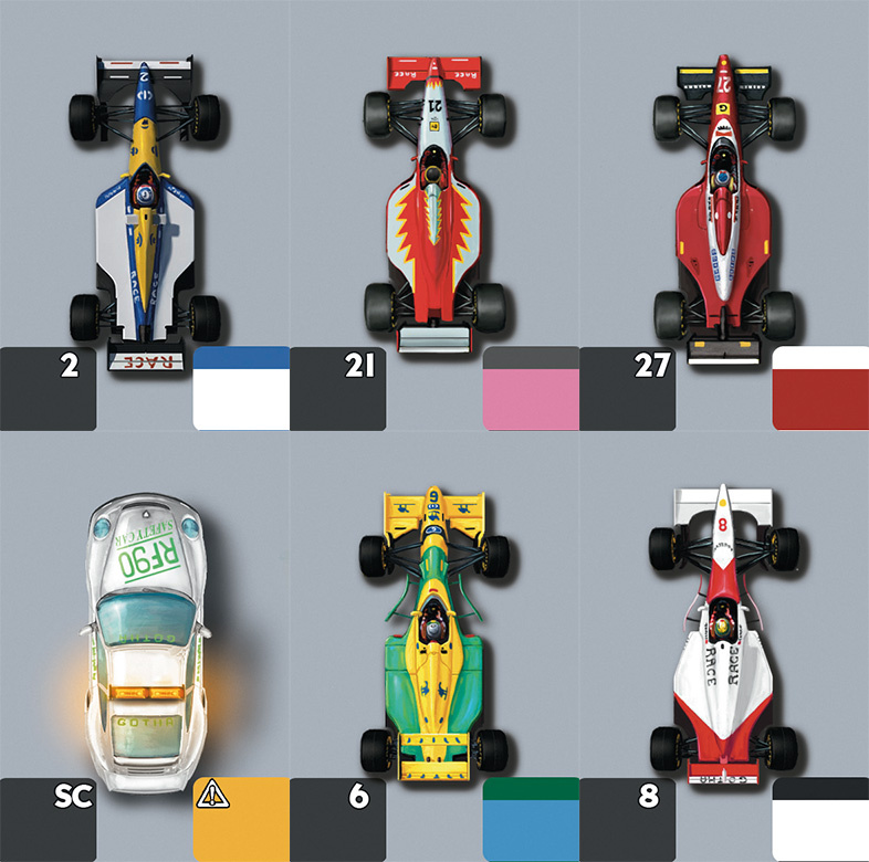 Example of Car tiles for Race! F90 Boardgame