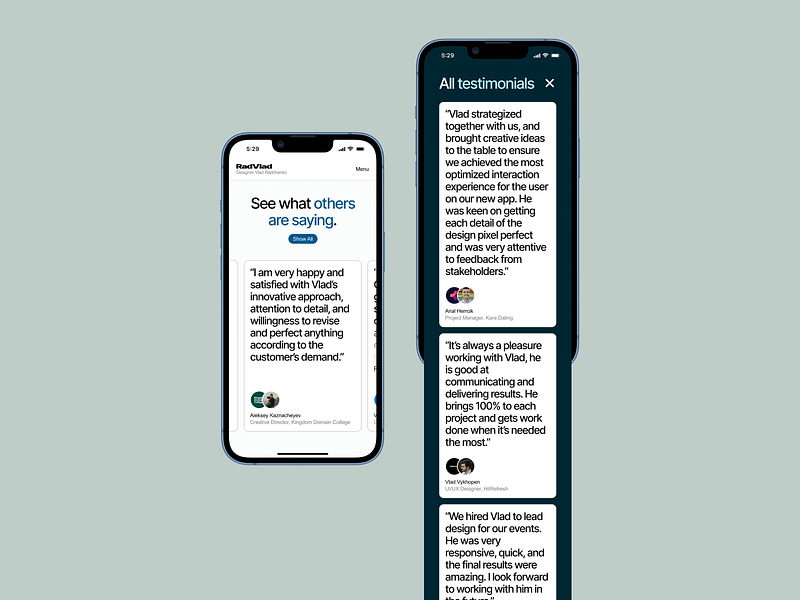 Portfolio Testimonials UI agency app business card client design feedback freelance grid ios marketplace mobile portfolio ratings review service startup studio testimonial ui