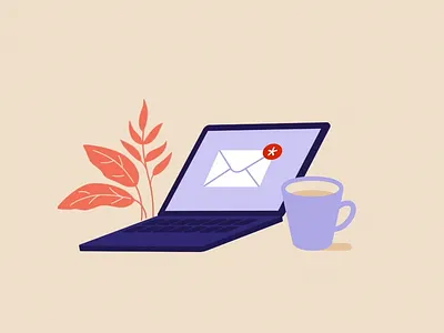Laptop animation for contacts at the website animation contacts email illustration laptop letter motion graphics mug notification paper plane plant stars vector