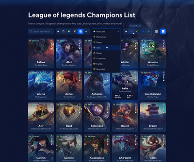 Champions Builds for GOSU.AI cybersport dark ui game profile game ui gaming ui leagueoflegends ux design ux ui ux ui design web