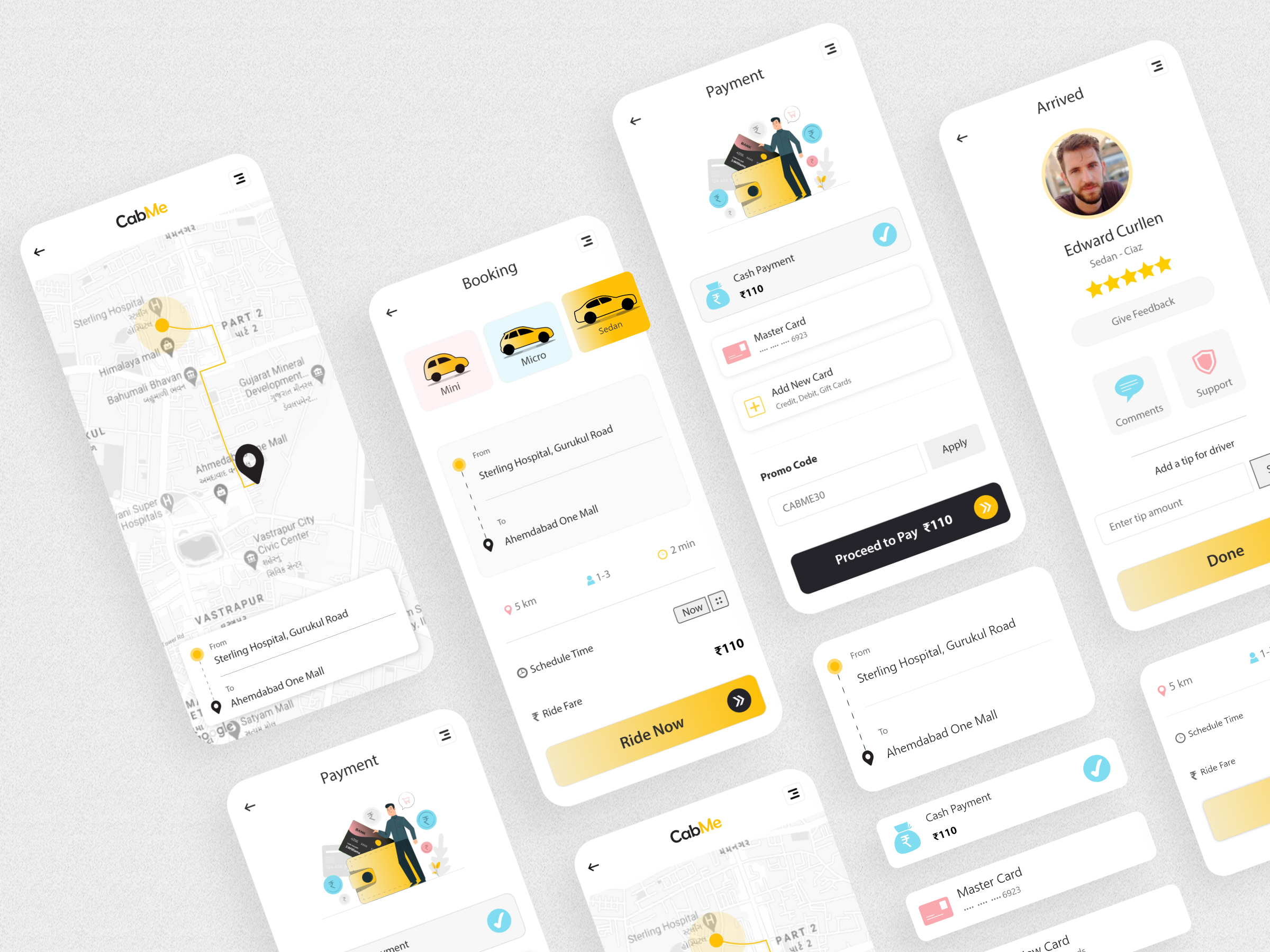 CabMe - Cab Booking App app cabbooking cabbookingapp car design mobileapp taxibooking ui ux uxui
