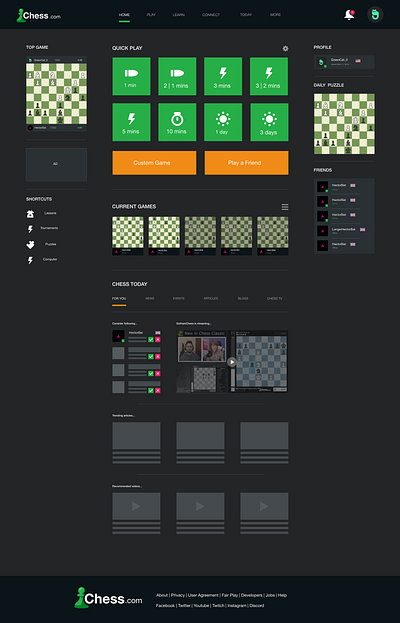 Chess.com Home app branding chess clean design friends home home screen homepage illustration intuitive mockup quick redesign uiux website