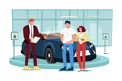 Salesman Talking To A Young Couple At The Dealership Showroom agent