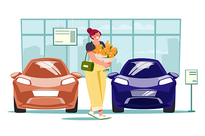 Woman With Flowers In A Car Showroom agent