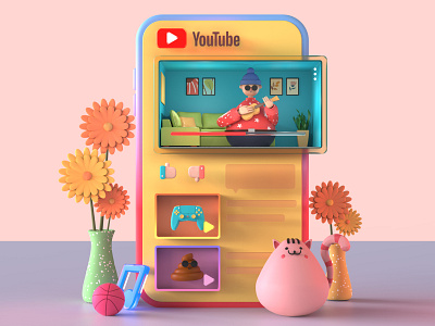 Youtube UI 3D Illustration 3d animation 3d app 3d art 3d avatar 3d character 3d design 3d graphics 3d illustration fresh illustration ui animation ui minimal youtube