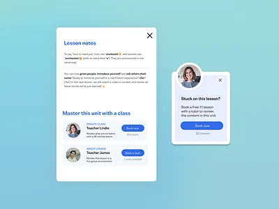 In-app language lesson booking busuu card design concept design figma language app language learning lesson modal popup ui ux design web app