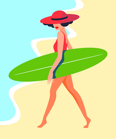 Summer time bright color female feminine hat illustration minimalist profile profile design shapes simplicity summertime surf surfboard surfing swimsuit swimwear woman illustration women empowerment
