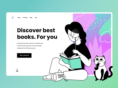 Landing page illustration book book cover cat comics glass effect glassmorphism gradient hero image hero section illustration illustration art illustrator landing landing design landing page palette ui vector vector art vector illustration