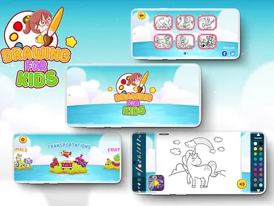 Drawing for Kids app animals app brushes colors design fruits kids mobile app painting sketch sounds tools transportation ui