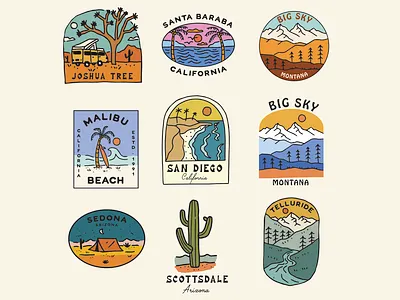 Travel Resort Designs for T shirts badge design big sky illustration joshua tree malibu merch design mountains nature outdoors outdoorsy san diego santa barbara scottsdale sedona t shirt telluride travel