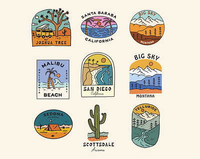 Travel Resort Designs for T shirts badge design big sky illustration joshua tree malibu merch design mountains nature outdoors outdoorsy san diego santa barbara scottsdale sedona t shirt telluride travel