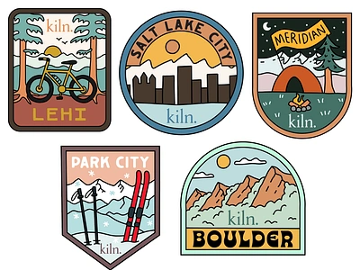 Outdoor Badges for Kiln. Locations badge biking boulder branding camping colorado idaho landscape lettering mountain mountain bike mountains outdoors park city salt lake city ski