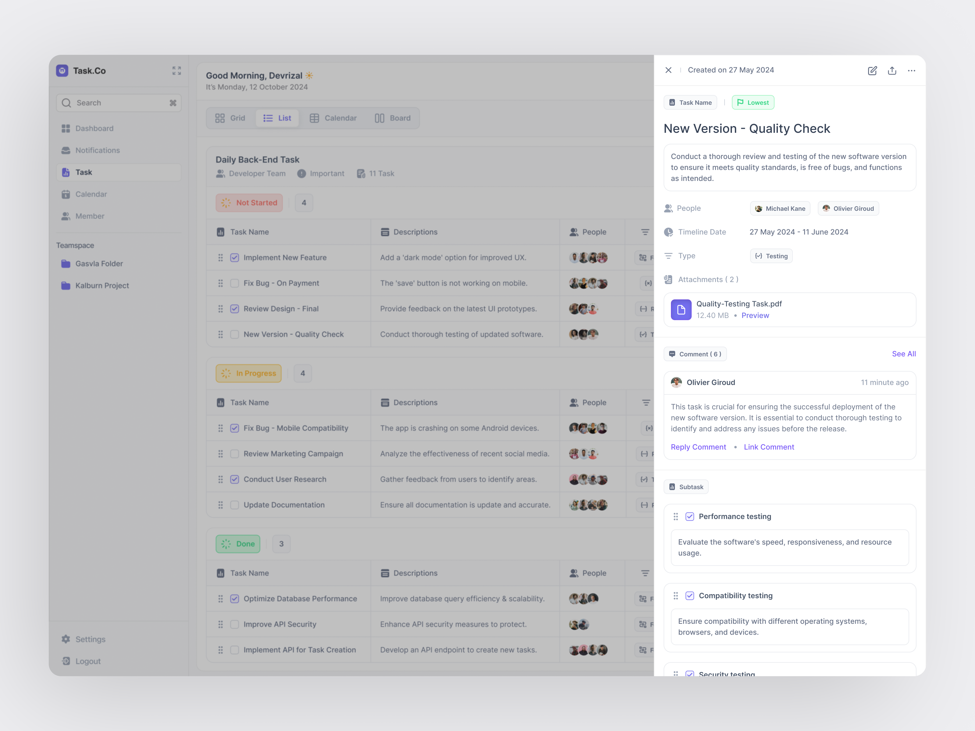 Example of Task Management Dashboard