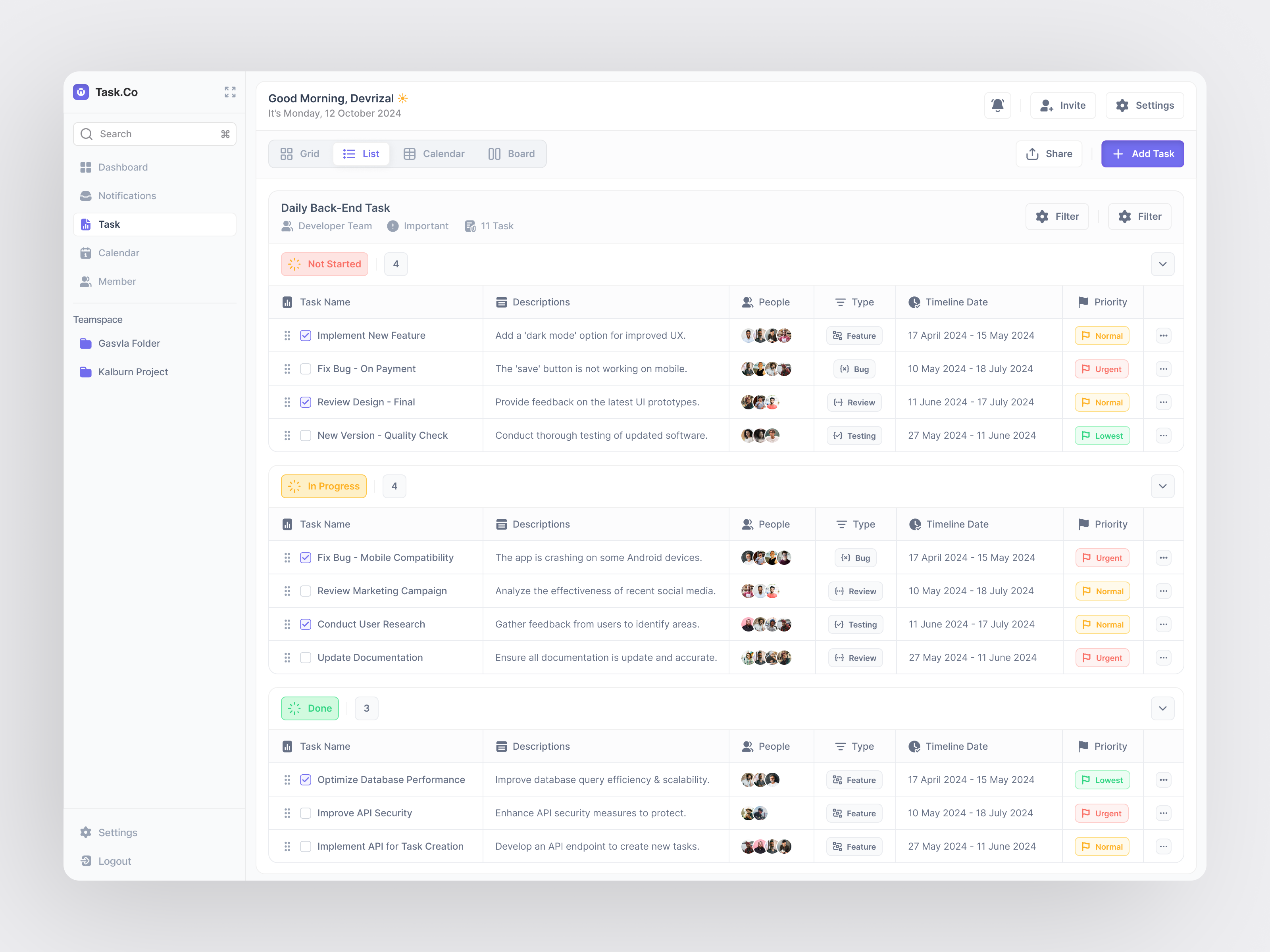 Example of Task Management Dashboard