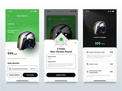 X-mate Purchase Node and Version Upgrade Notification Page blockchain design give away icon level node pool reward rate price purchase sector level select others ui update details update version