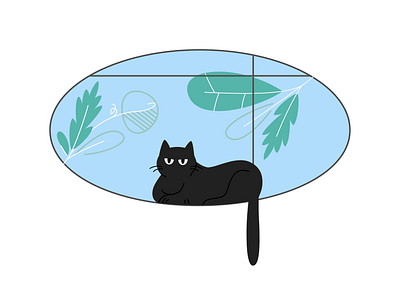 Chooni by the window black cat black cat illustration cat feline illustration plants window