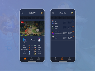 Dota TV App dota dota 2 dota2 game gaming app livestream mobile app design ui ux