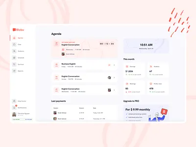 Blabu - Platform for teachers app blue dashboard education educational invitation learning lessons meetings payments red saas school sidebar stats teaching tutor upcoming upgrade web