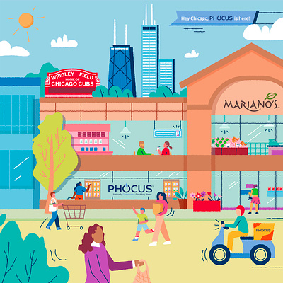 Chicago Storefront character chicago city cityscape color colorful cute design grocery illustration minimal shopping skyline sparkling store storefront vector view water window
