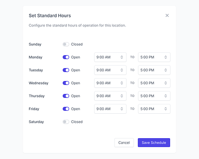 Scheduling & Hours of Operation business business details business hours clock date dates hours hours of operation indiana indianapolis innovatemap schedule scheduler schedules scheduling time ui