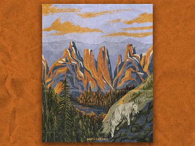 N for North Cascades forest hiking illustration national park nature retro texture vintage