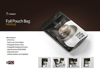 Stand up Foil Pouch Bag Mock-up bag mock up coffee bag coffee beans display fast food film foil bag food bag glossy gold foil bag juice matt bag mock up mockup package design packaging plastic foil product toy
